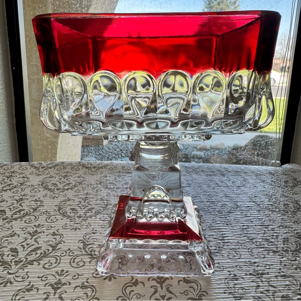 Indiana Glass Ruby Flash Square‎ Pedestal Compote Thumbprint Bowl MCM